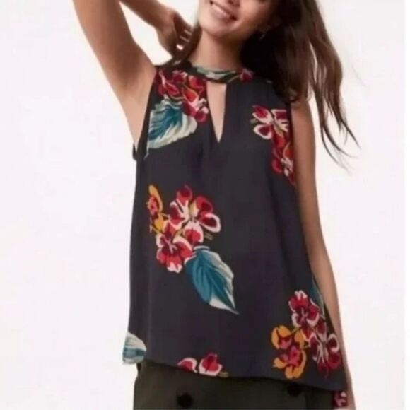 LOFT Ann Taylor Green Red Tropical Floral Sleeveless Mock Neck Blouse Medium - Picture 1 of 9